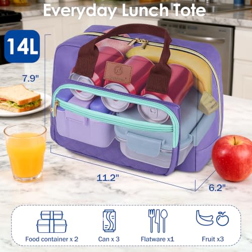 Genteen 14L Insulated Lunch Bag for Women - Leakproof Quilted Purple Tote