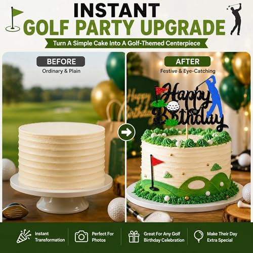 Golf-Themed Happy Birthday Cake Topper with Glitter Cardstock