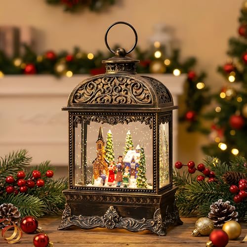 Christmas Village Snow Globe Water Lantern with Church Carolers Scene - 10.2" Musical Holiday Decor