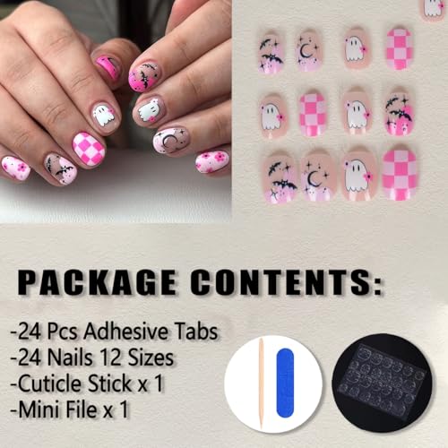 KTAABTR Pink Halloween Ghost Press on Nails Short Square False Nails