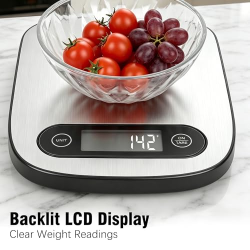 QFEISETH 11lb Digital Food Scale - White Stainless Steel Kitchen Scale with Tare Function & Backlit LCD