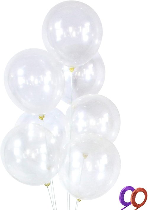 Clear Latex Balloons 100 Pack - 12 Inch Transparent Helium Balloons with 2 Rolls of Ribbon | Perfect for Birthday, Wedding, Baby Shower Decorations
