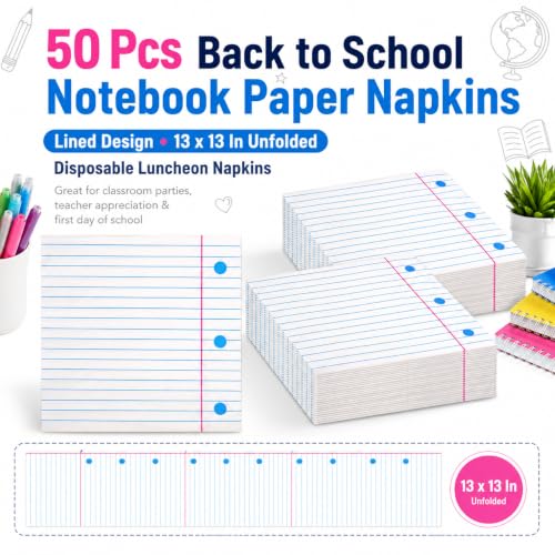 50Pcs Back to School Notebook Paper Napkins - 13x13 Inches