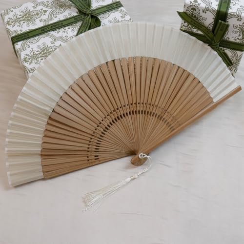 Tsnamay Classical Silk Folding Fan - Elegant White Handheld Fan for Events