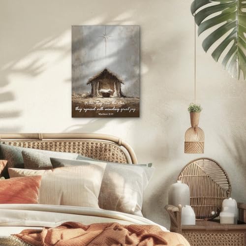 Christian Nativity Scene Canvas Wall Art, Framed Religious Painting 11x14