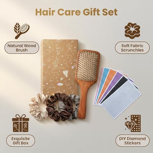 Wooden Hair Brush Set with Satin Scrunchies and DIY Stickers