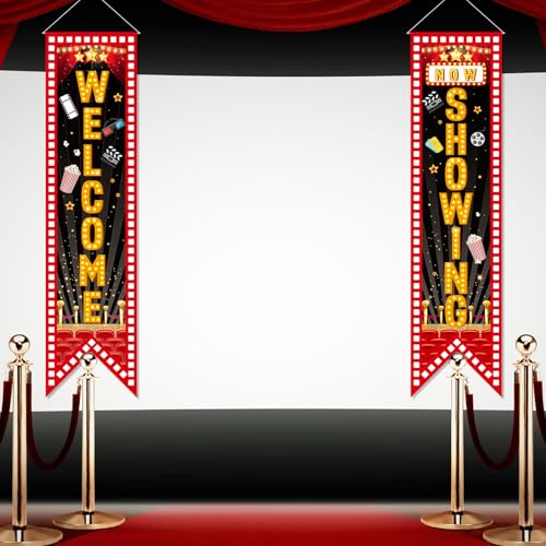 Movie Night Porch Banners - 2 pcs Welcome & Now Showing Signs, 47.2x11.8 Inch