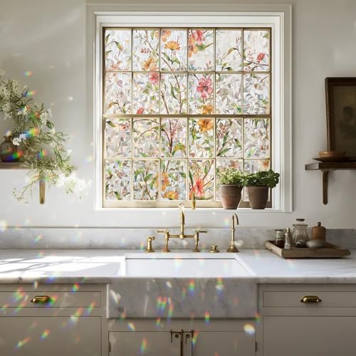 Kromapolis Floral Window Privacy Film, 17.5" x 78.7" 3D Rainbow Static Cling