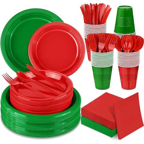 Christmas Party Disposable Dinnerware Set 400 Pieces Red & Green Includes Plates Cups Cutlery Napkins for Festive Events - Red, Green