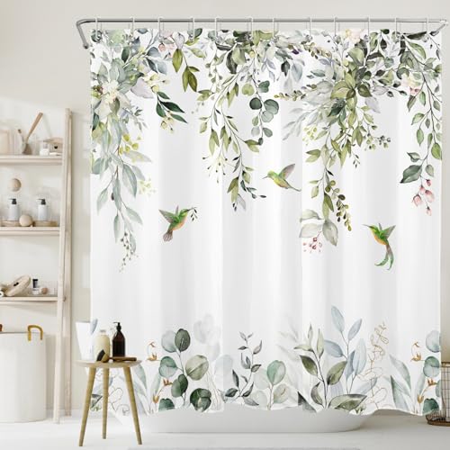 Sage Green Eucalyptus Shower Curtain - 72x72 Inch Floral Hummingbird Print