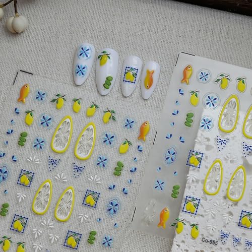 5D Embossed Summer Fruit Nail Stickers Self-Adhesive Lemon Tropical Decals