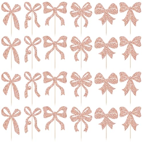 24 Pink Bowknot Cake Toppers - Wedding & Birthday Party Decor