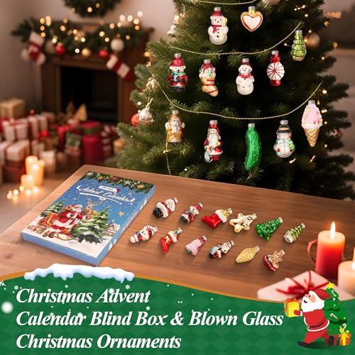 24 Glass Christmas Ornaments with Advent Calendar Set - Holiday Tree Decor