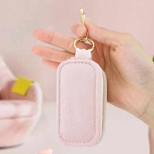 FCGOD Velvet Mini Travel Jewelry Case - 2-in-1 Ring Holder Keychain for Women, Portable Clutch Organizer for Earrings/Necklace, Wedding Party & Vacation Daily Storage Bag Gift for Her (Pink)