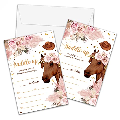 Horse Birthday Invitations with Envelopes - 20 Pack Cowgirl Design