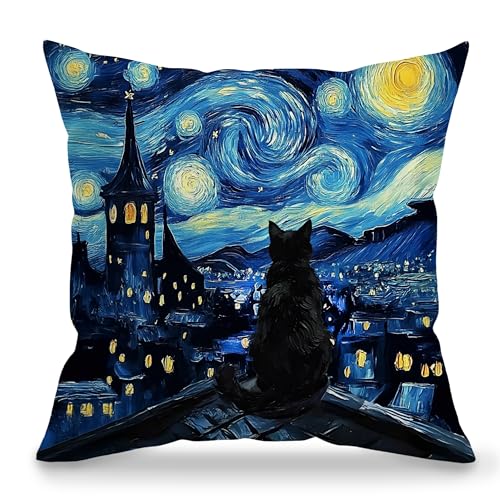 BILLAION Black Cat Throw Pillow Cover 18x18 - Star Sky Night & Mystical Design