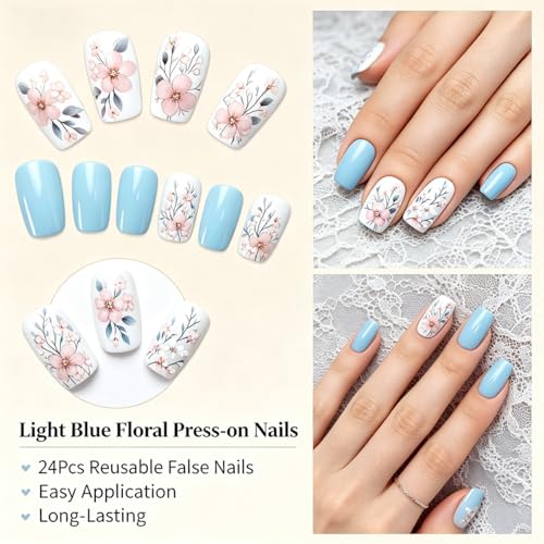 KTAABTR Floral Press on Nails Pink Flower Square Fake Nails 24Pcs