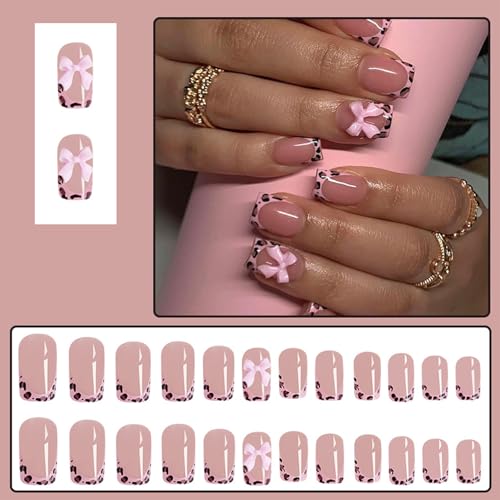 Leopard Print French Tip Press on Nails with Bow & Rhinestones