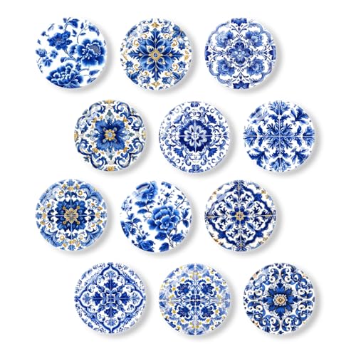 12-Piece Blue Flower Glass Refrigerator Magnets, 1.2-Inch Boho Fridge Decor