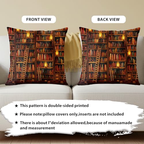 18x18 Inch Linen Throw Pillow Covers Set - Vintage Library Design