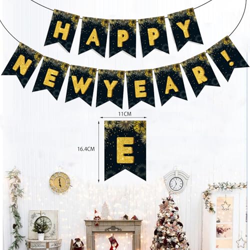 Black and Gold Happy New Year Banner 13-Piece Party Decoration Garland