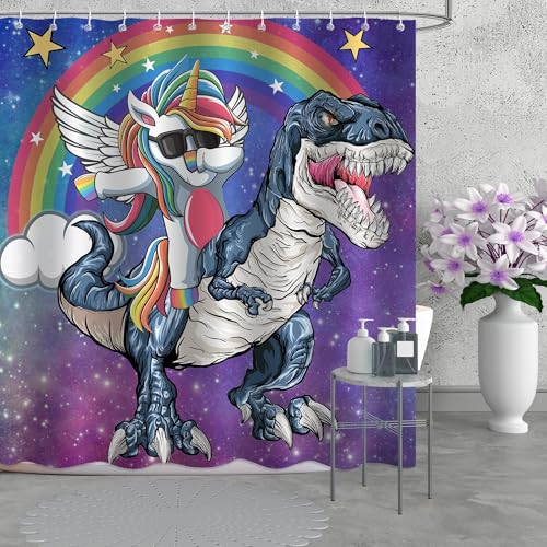Unicorn Dinosaur Shower Curtain - Waterproof Fabric, 72x78 Inch