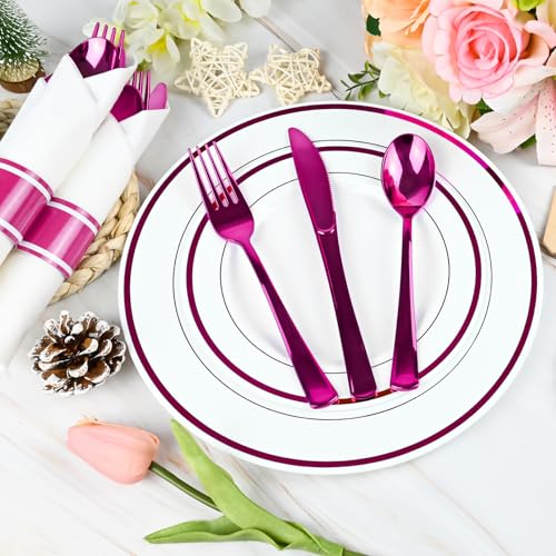 100 Pack Hot Pink Plastic Silverware Set with Wrapped Napkins - Pyntop