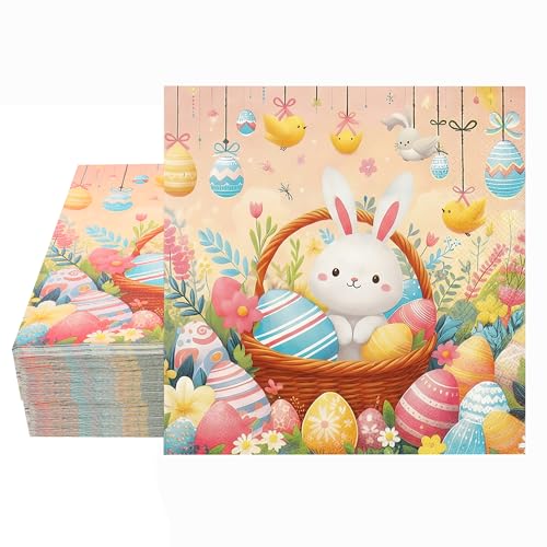 Easter Bunny & Eggs Paper Napkins - 50 Pcs Disposable Decor