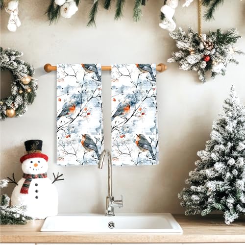 Christmas Robin Bird Kitchen Towels - Holiday Watercolor Dish Drying Cloth, 16x24 Inch - Variation Christmas-21