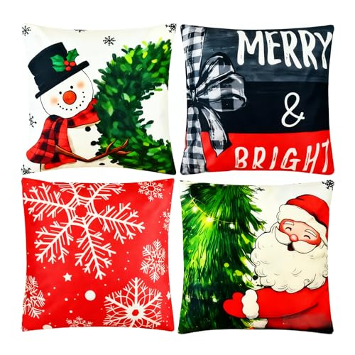 Haundry 4-Piece Christmas Pillow Covers, 18x18 Inch Red & White Holiday Set