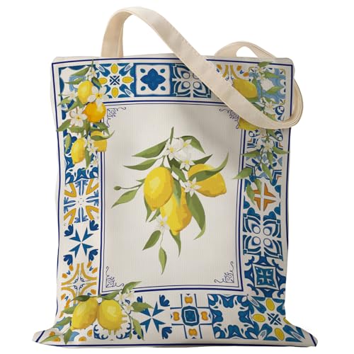 Sitsink Boho Lemon Print Tote Bag - Aesthetic Canvas Book Lover Gift