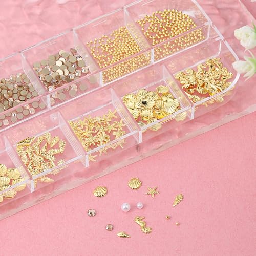 Summer Ocean Nail Charms 3D Gold Starfish Seashell Art Decorations with Tweezers