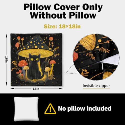 Whimsical Mushroom & Black Cat Pillow Cover - 18x18 Inch Cushion Case for Sofa & Bed