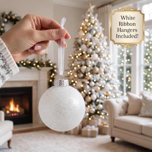 Luxe White Glitter Christmas Ornaments Set - 40 Shatterproof Baubles, 3.15 Inch