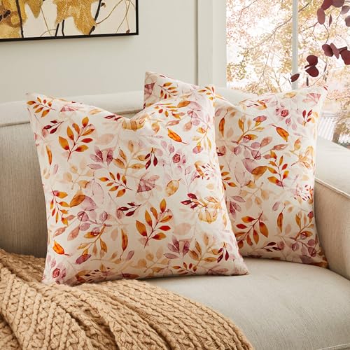 YZJZEDS 20x20 Inch Cotton Fall Pillow Covers Set of 2 Watercolor Leaf Print Farmhouse Decor
