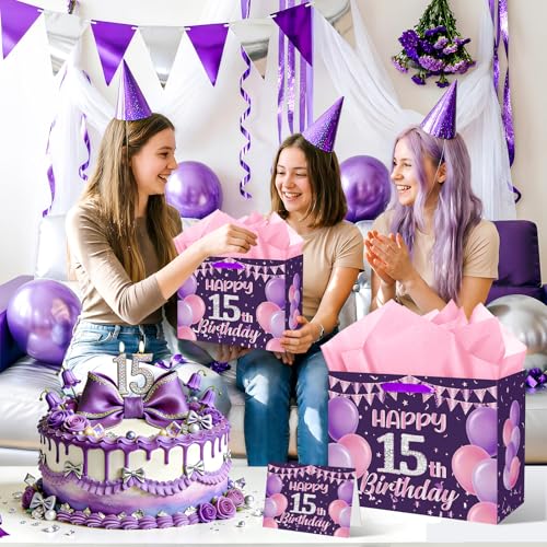 Happy 15th Birthday Gift Bag Set for Girls - Purple & Pink
