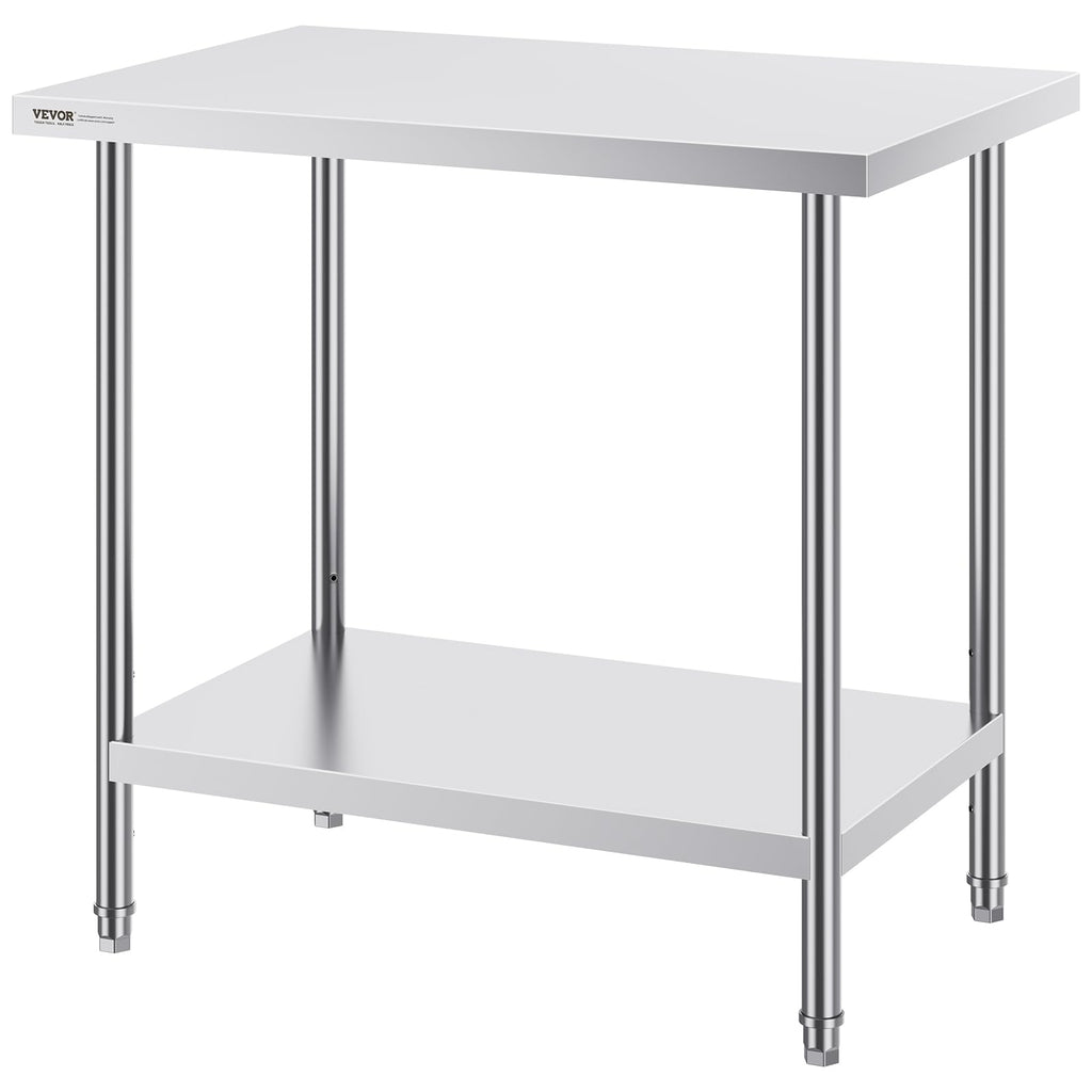 VEVOR Stainless Steel Prep Table, 24 x 36 x 34 Inch, 750 lbs Load Capacity, Heavy Duty Metal Worktable with 3 Adjustable Height Levels, Commercial Workstation for Kitchen Garage Restaurant Backyard