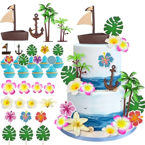 27PCS Tropical Cake Decoration Set - Boat, Coconut Trees & Flowers