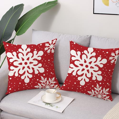 Gujiahone Red Snowflake Christmas Pillow Covers Set of 2 18x18 Inch Linen Square Holiday Decor