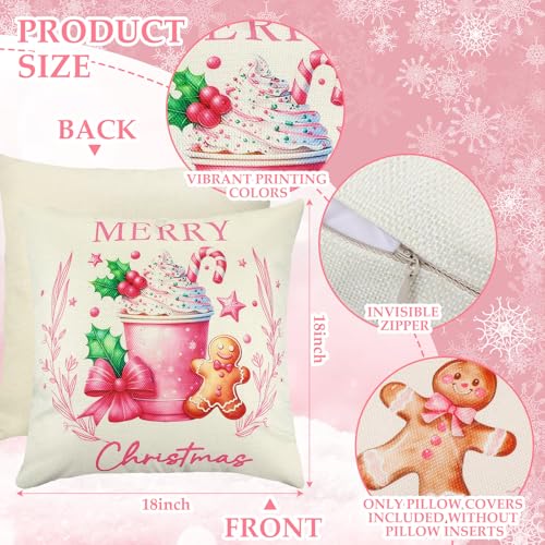 Colingmill 4-Pack Pink Gingerbread Christmas Pillow Covers 18x18