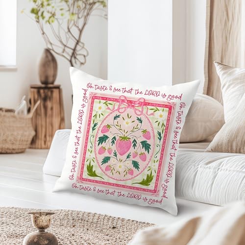 Christian Pink Bow Strawberry Pillow Cover 18x18 - Bible Verse Decor