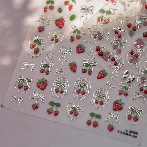 5D Strawberry Nail Art Stickers Self-Adhesive Bow Heart Decals