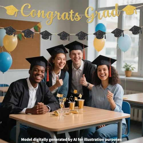 2026 Graduation Banner Set - Black & Gold Glitter Decor