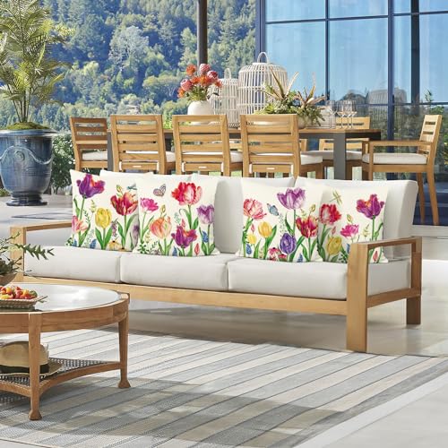 Bonhause Tulip Floral Throw Pillow Covers, 18x18 Inch Set of 4, Spring Decor