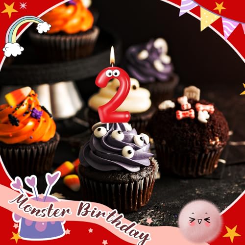 Number 2 Monster Birthday Candle - Red Cartoon Cake Topper Decoration