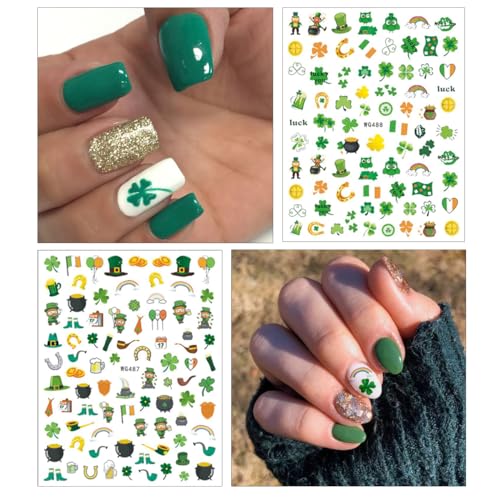 St. Patrick's Day 3D Nail Art Stickers - 6 Sheets Green Shamrock Decals