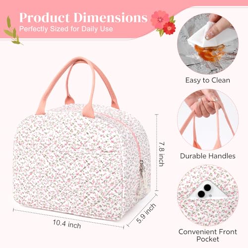 Aileam Quilted Insulated Lunch Bag - Floral Cotton Tote for Work & Travel