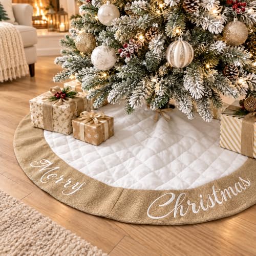 48-Inch White Quilted Cotton Christmas Tree Skirt with Burlap Decor