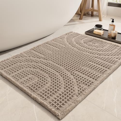 AMOAMI Super Absorbent Waffle Bath Mat - Non-Slip, Machine Washable, Brown 20"x32"