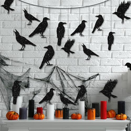 40pcs Glitter Black Crow Hanging Banners for Halloween Decor